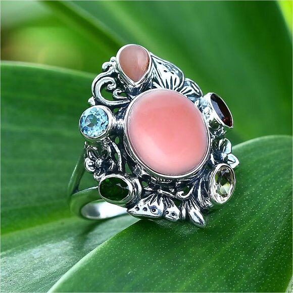 Artisan Jewelry - Bali Legacy ✦ Pink Opal & Multi Gemstone Ring ✦ 5.40ctw Sterling Silver Floral
